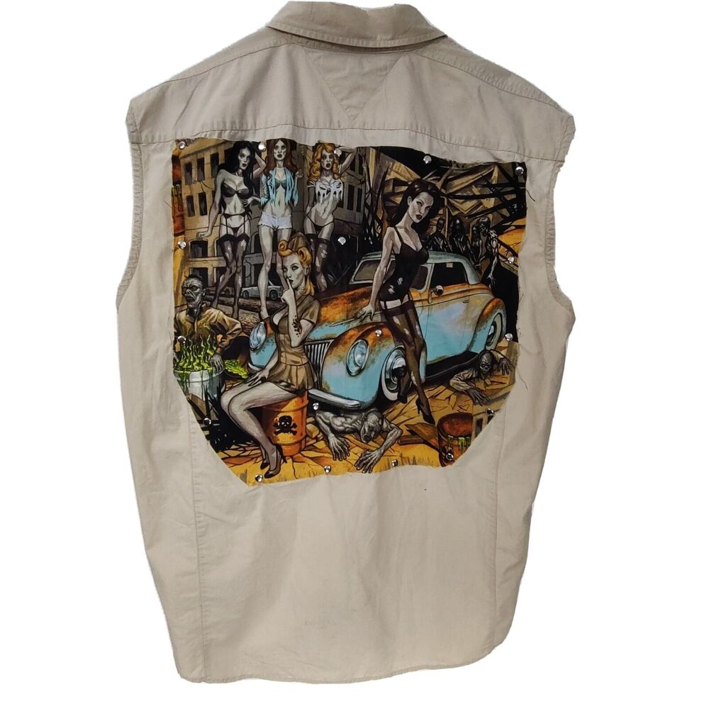 Tommy Hilfiger sleeveless trucker, biker shirt, sexy babe, zombies backpatch, XL